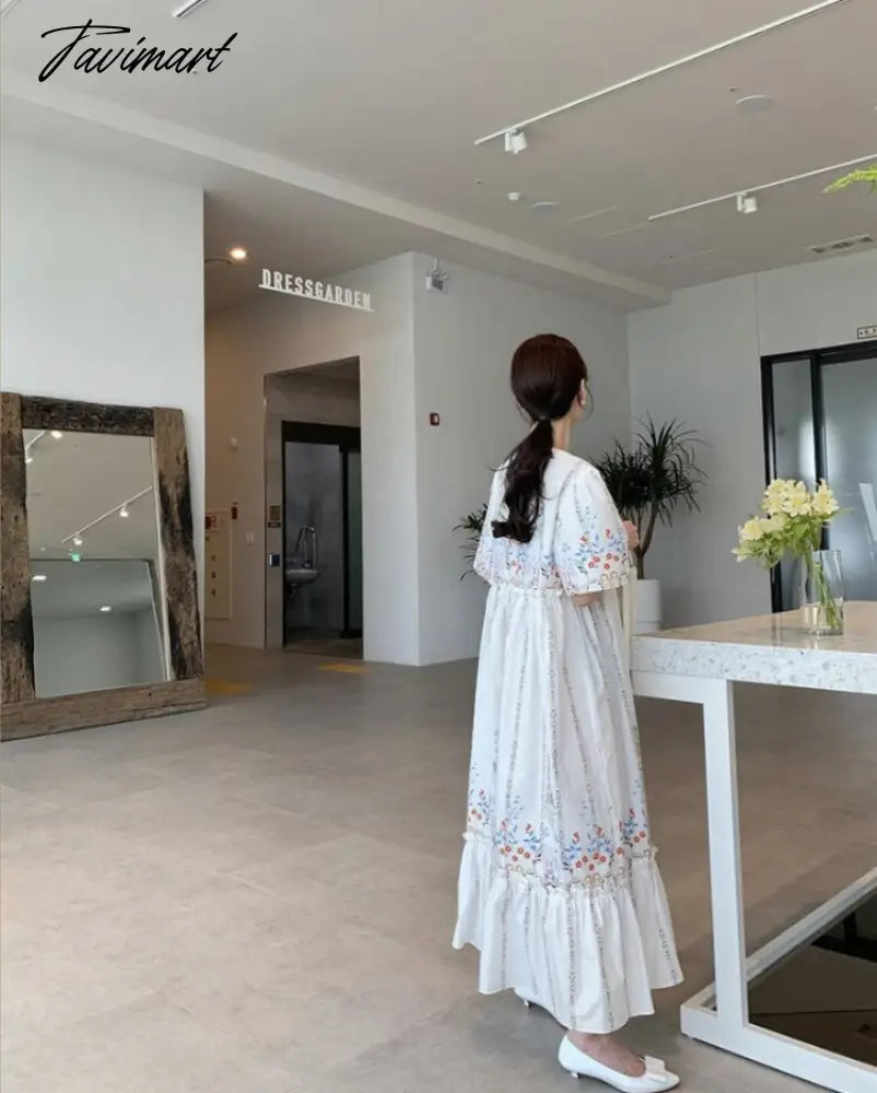 Summer Vintage Robe Printing O Neck Vestidos Edge of Fungus Puff Sleeve Loose Dress Korean Fashion Dresses for Women