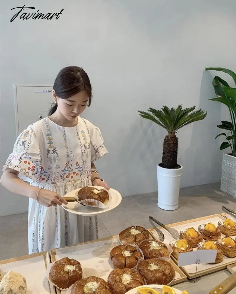 Summer Vintage Robe Printing O Neck Vestidos Edge of Fungus Puff Sleeve Loose Dress Korean Fashion Dresses for Women