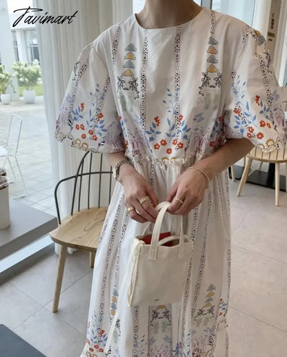 Summer Vintage Robe Printing O Neck Vestidos Edge of Fungus Puff Sleeve Loose Dress Korean Fashion Dresses for Women