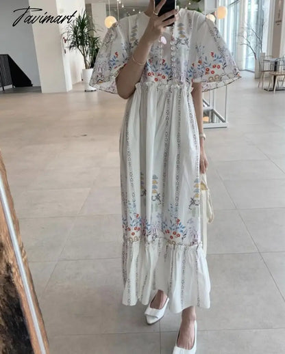 Summer Vintage Robe Printing O Neck Vestidos Edge of Fungus Puff Sleeve Loose Dress Korean Fashion Dresses for Women