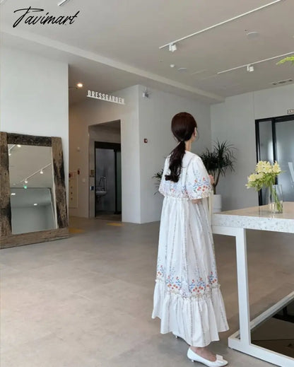 Summer Vintage Robe Printing O Neck Vestidos Edge of Fungus Puff Sleeve Loose Dress Korean Fashion Dresses for Women