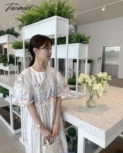 Summer Vintage Robe Printing O Neck Vestidos Edge of Fungus Puff Sleeve Loose Dress Korean Fashion Dresses for Women