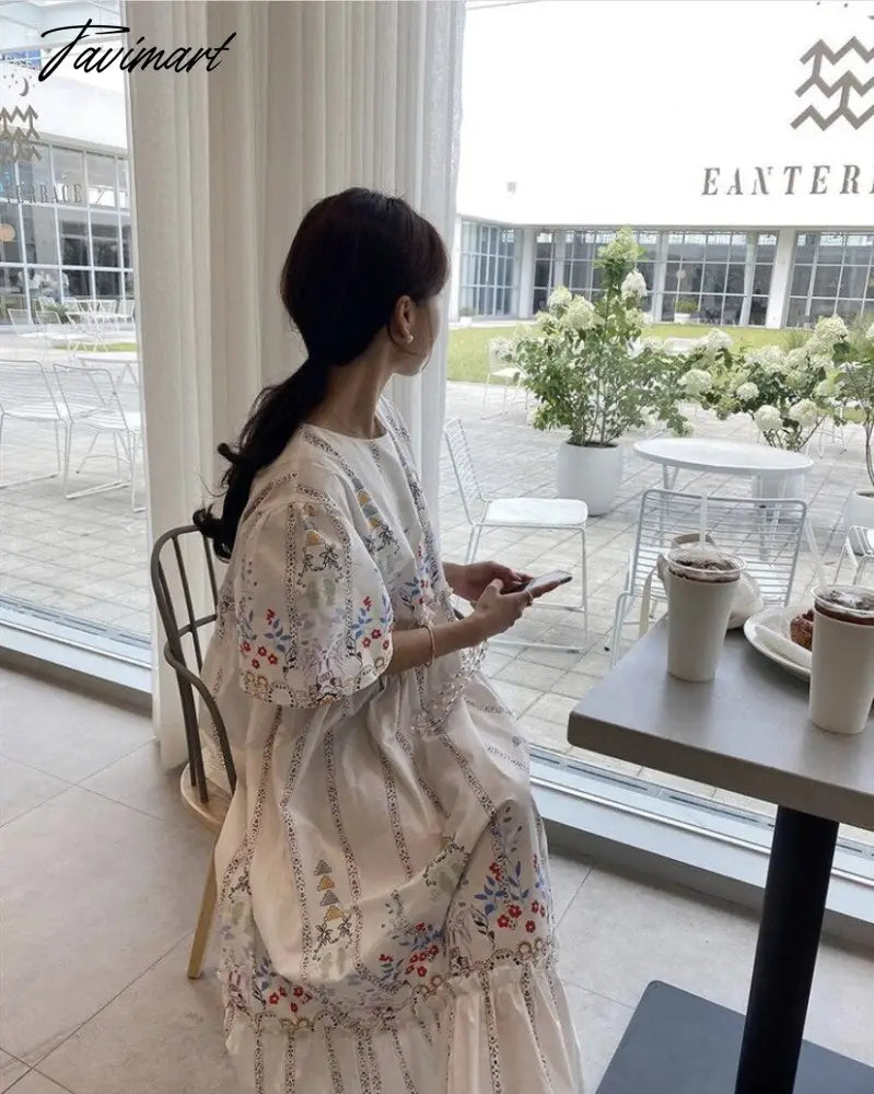 Summer Vintage Robe Printing O Neck Vestidos Edge of Fungus Puff Sleeve Loose Dress Korean Fashion Dresses for Women