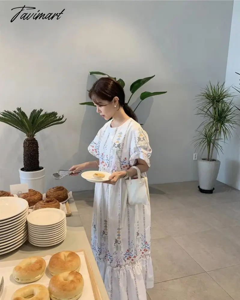 Summer Vintage Robe Printing O Neck Vestidos Edge of Fungus Puff Sleeve Loose Dress Korean Fashion Dresses for Women