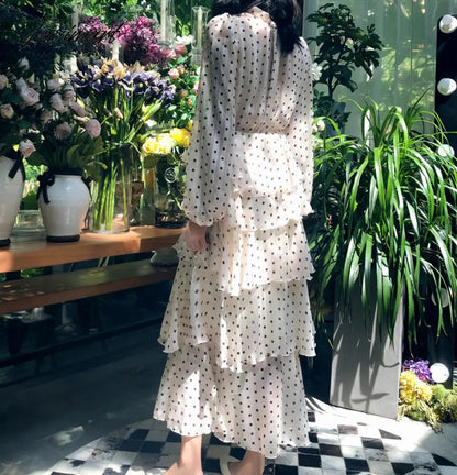Summer Vintage Women Maxi Ruffle Dress Long Sleeve Cake Dress Polka Dot Print Sexy Maxi Tunic Beach Dress Vocation