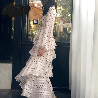 Summer Vintage Women Maxi Ruffle Dress Long Sleeve Cake Dress Polka Dot Print Sexy Maxi Tunic Beach Dress Vocation