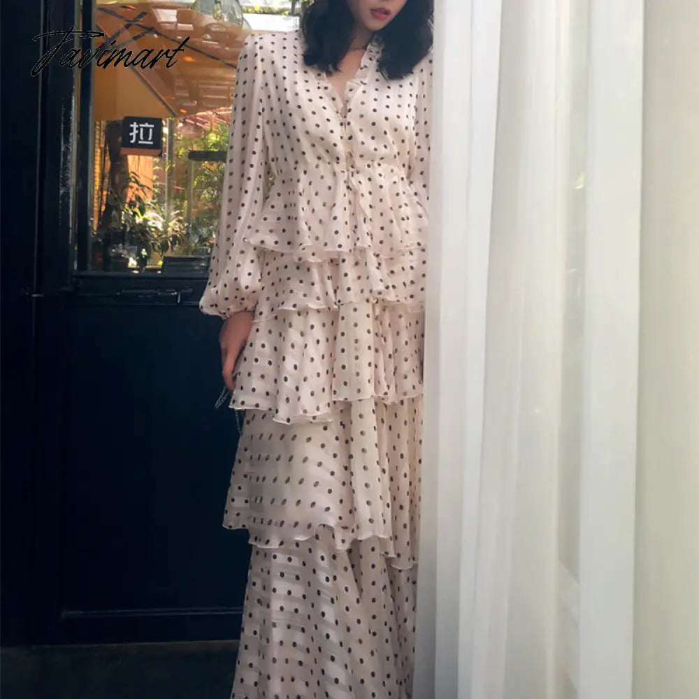 Summer Vintage Women Maxi Ruffle Dress Long Sleeve Cake Dress Polka Dot Print Sexy Maxi Tunic Beach Dress Vocation
