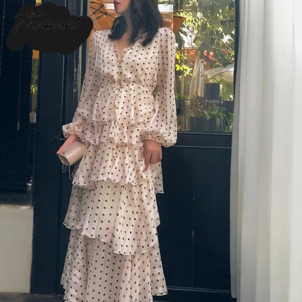Summer Vintage Women Maxi Ruffle Dress Long Sleeve Cake Dress Polka Dot Print Sexy Maxi Tunic Beach Dress Vocation