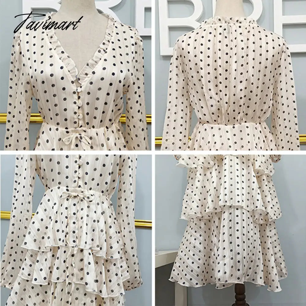 Summer Vintage Women Maxi Ruffle Dress Long Sleeve Cake Dress Polka Dot Print Sexy Maxi Tunic Beach Dress Vocation