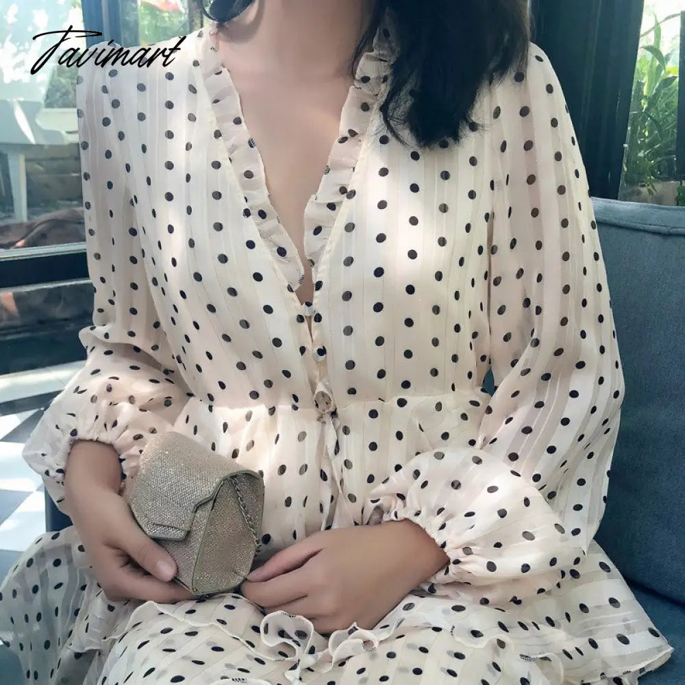 Summer Vintage Women Maxi Ruffle Dress Long Sleeve Cake Dress Polka Dot Print Sexy Maxi Tunic Beach Dress Vocation