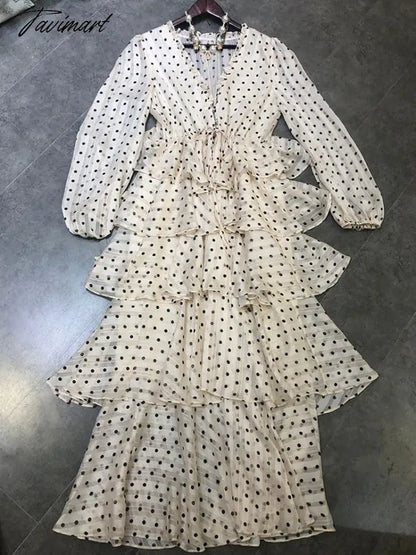 Summer Vintage Women Maxi Ruffle Dress Long Sleeve Cake Dress Polka Dot Print Sexy Maxi Tunic Beach Dress Vocation