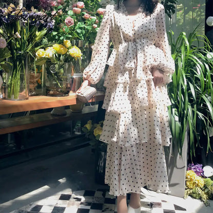 Summer Vintage Women Maxi Ruffle Dress Long Sleeve Cake Dress Polka Dot Print Sexy Maxi Tunic Beach Dress Vocation