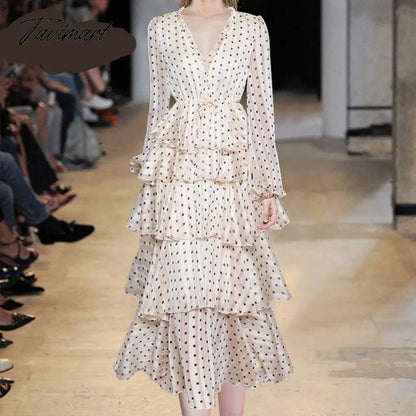 Summer Vintage Women Maxi Ruffle Dress Long Sleeve Cake Dress Polka Dot Print Sexy Maxi Tunic Beach Dress Vocation