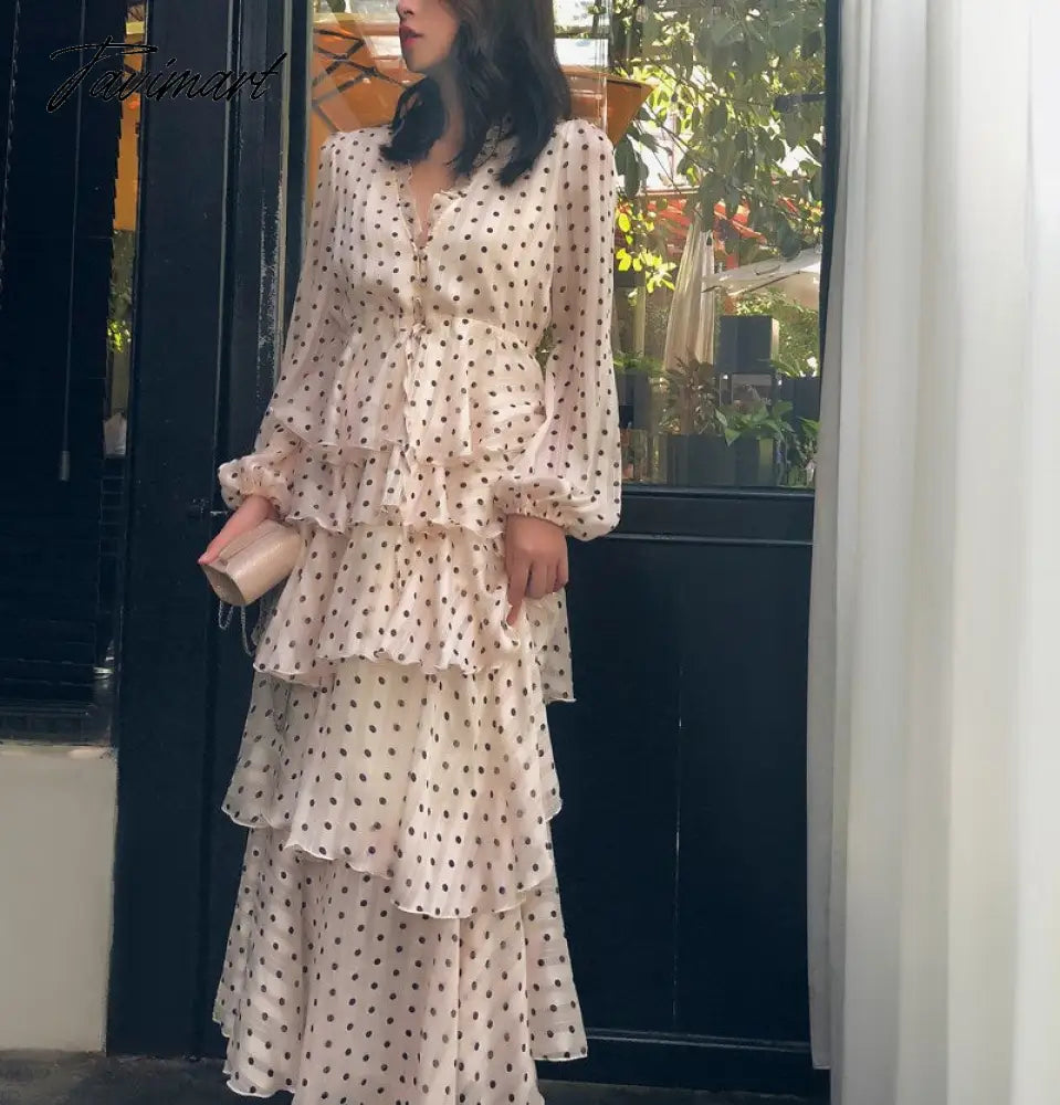 Summer Vintage Women Maxi Ruffle Dress Long Sleeve Cake Dress Polka Dot Print Sexy Maxi Tunic Beach Dress Vocation