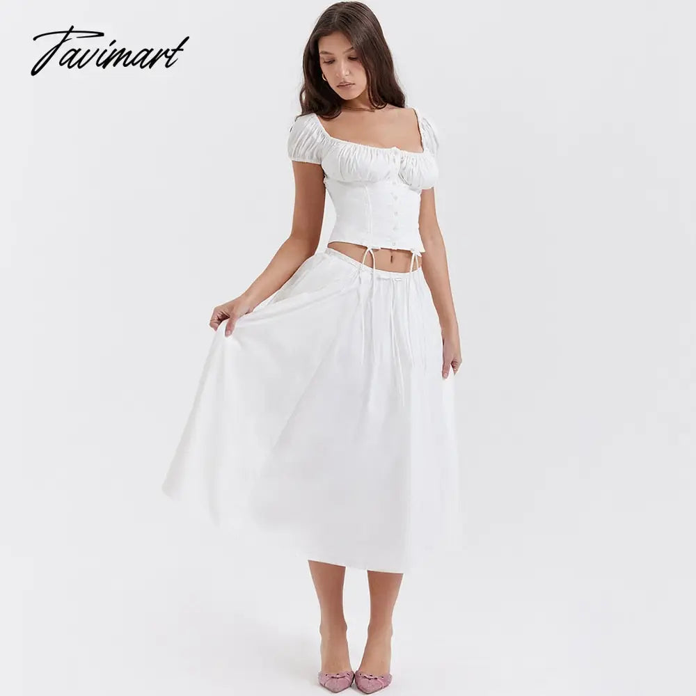 Summer White 2 Pieces Set Elegant Square Neck Cropped Top and Drawstring Skirt Set Women Holiday Party Dress