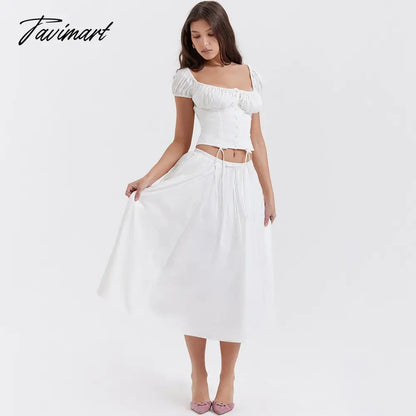Summer White 2 Pieces Set Elegant Square Neck Cropped Top and Drawstring Skirt Set Women Holiday Party Dress