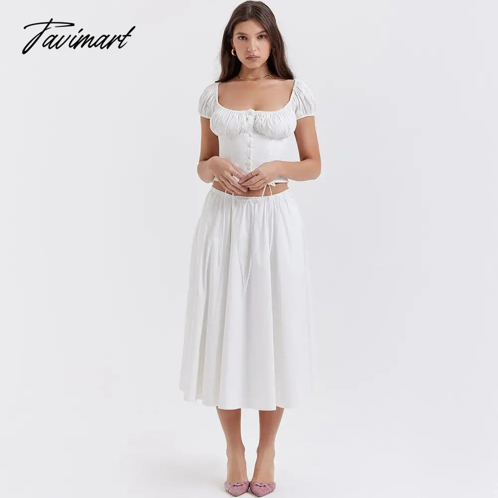 Summer White 2 Pieces Set Elegant Square Neck Cropped Top and Drawstring Skirt Set Women Holiday Party Dress