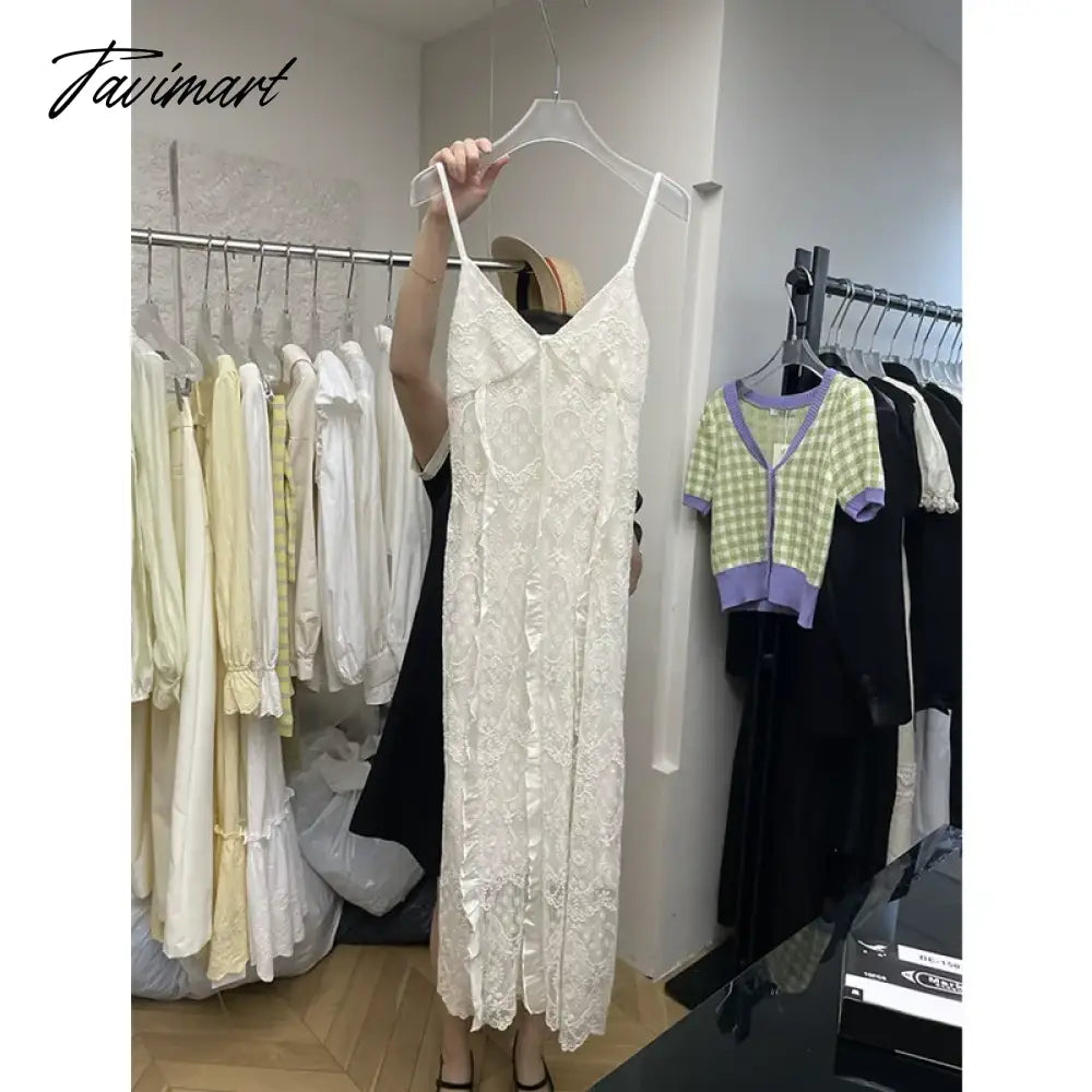 Summer White Long Lace Slip Dress For Women Ruffles Backless A Line Tunics Beach Women Dress Vocation Holiday Slim Outfits