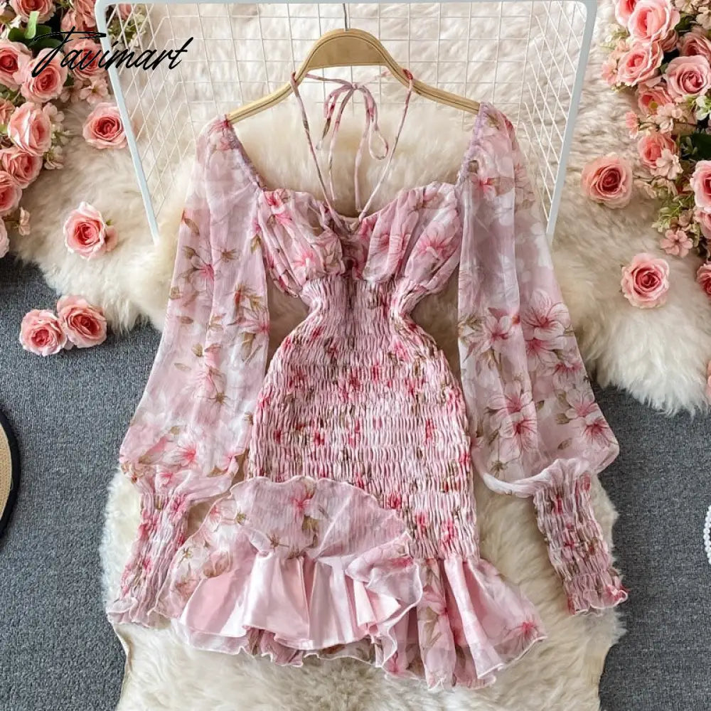 Summer Women Chic Elastic Pleated Fishtail Dress Vintage Square Collar Halter Chiffon Floral Mini Dress Puff Long Party Dresses