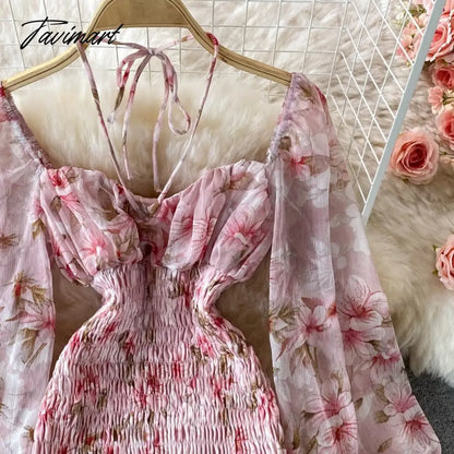 Summer Women Chic Elastic Pleated Fishtail Dress Vintage Square Collar Halter Chiffon Floral Mini Dress Puff Long Party Dresses