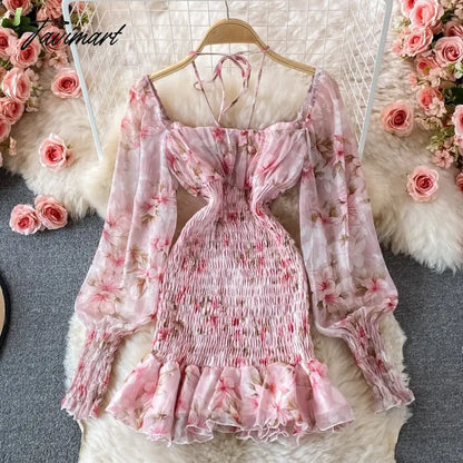 Summer Women Chic Elastic Pleated Fishtail Dress Vintage Square Collar Halter Chiffon Floral Mini Dress Puff Long Party Dresses