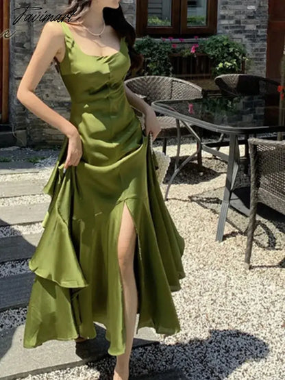 Summer Women Long Satin Dress Sleeveless Sexy Backless Silk Slit Ruffle Maxi Beach robe Party dresses evening dresses