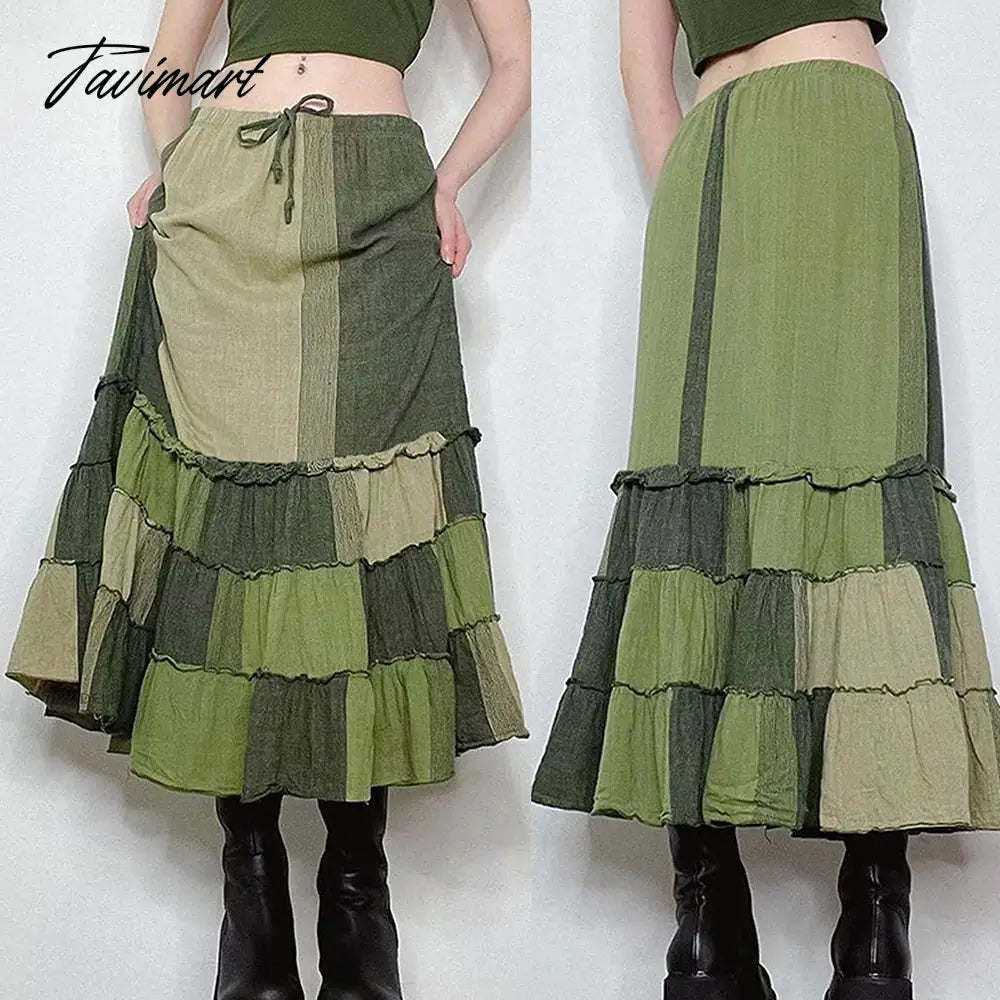 Summer Women's Casual Half Skirt New Collision Color Splicing Drawstring Elastic Waist Hem Wood Ear Edge Medium Length Skirt