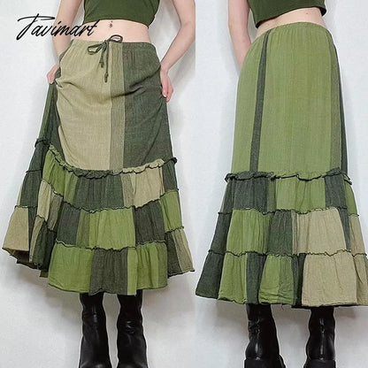 Summer Women's Casual Half Skirt New Collision Color Splicing Drawstring Elastic Waist Hem Wood Ear Edge Medium Length Skirt