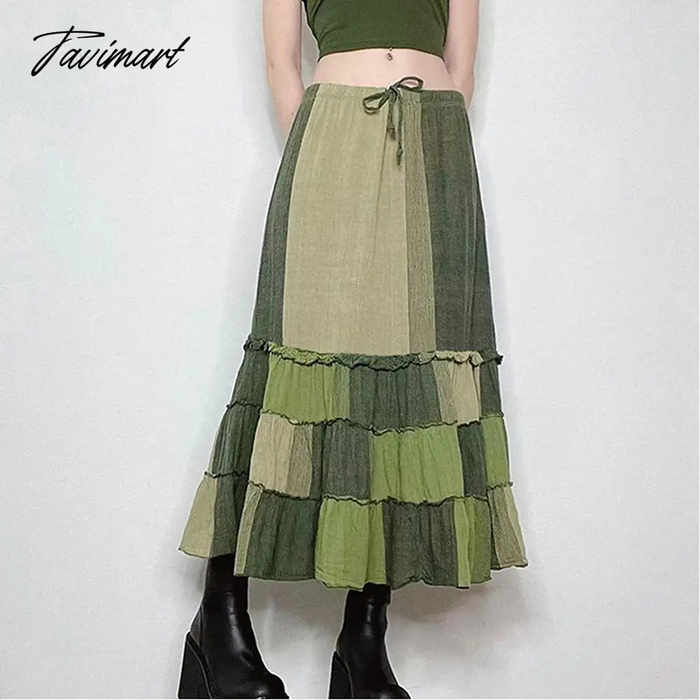 Summer Women's Casual Half Skirt New Collision Color Splicing Drawstring Elastic Waist Hem Wood Ear Edge Medium Length Skirt