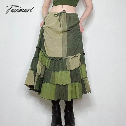 Summer Women's Casual Half Skirt New Collision Color Splicing Drawstring Elastic Waist Hem Wood Ear Edge Medium Length Skirt
