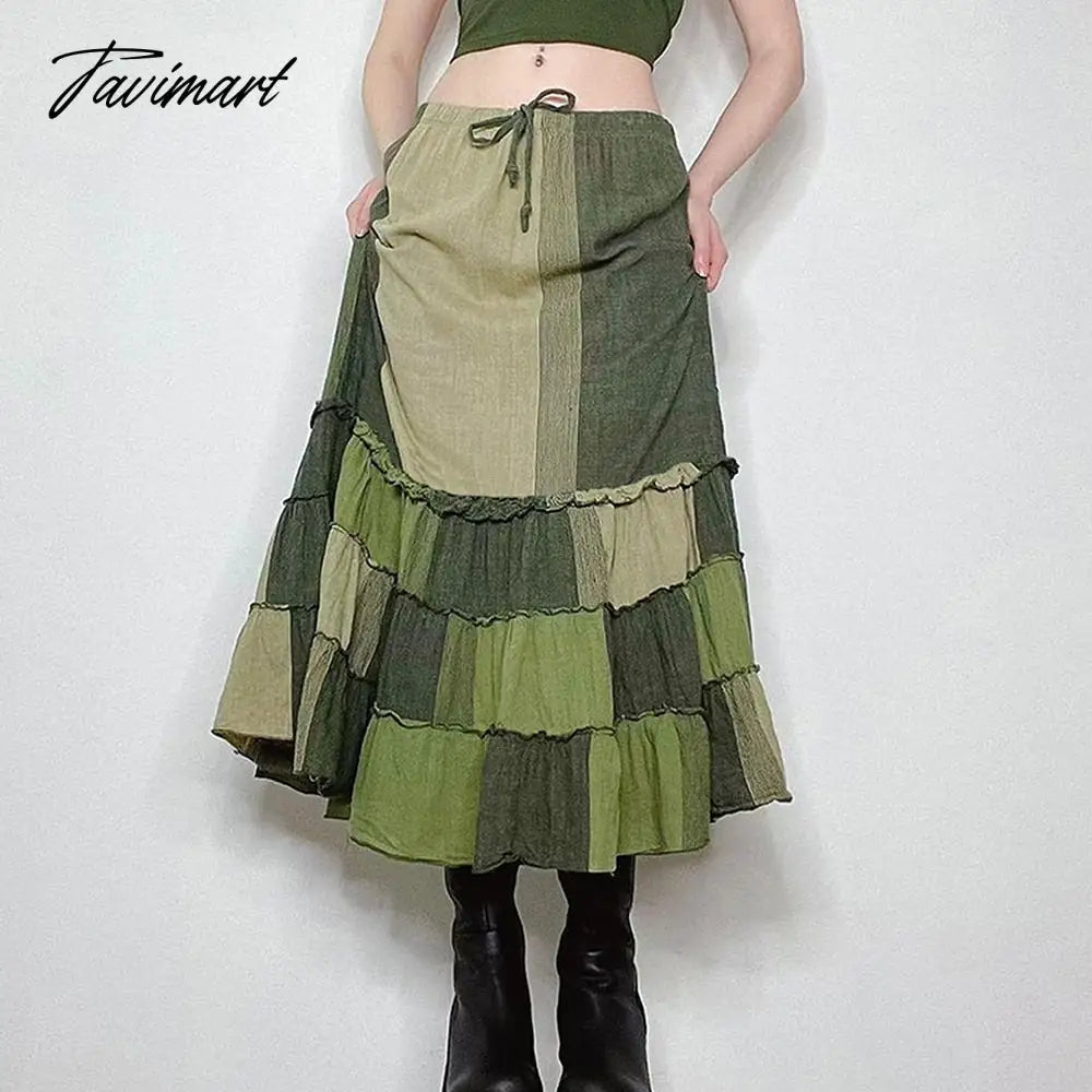 Summer Women's Casual Half Skirt New Collision Color Splicing Drawstring Elastic Waist Hem Wood Ear Edge Medium Length Skirt