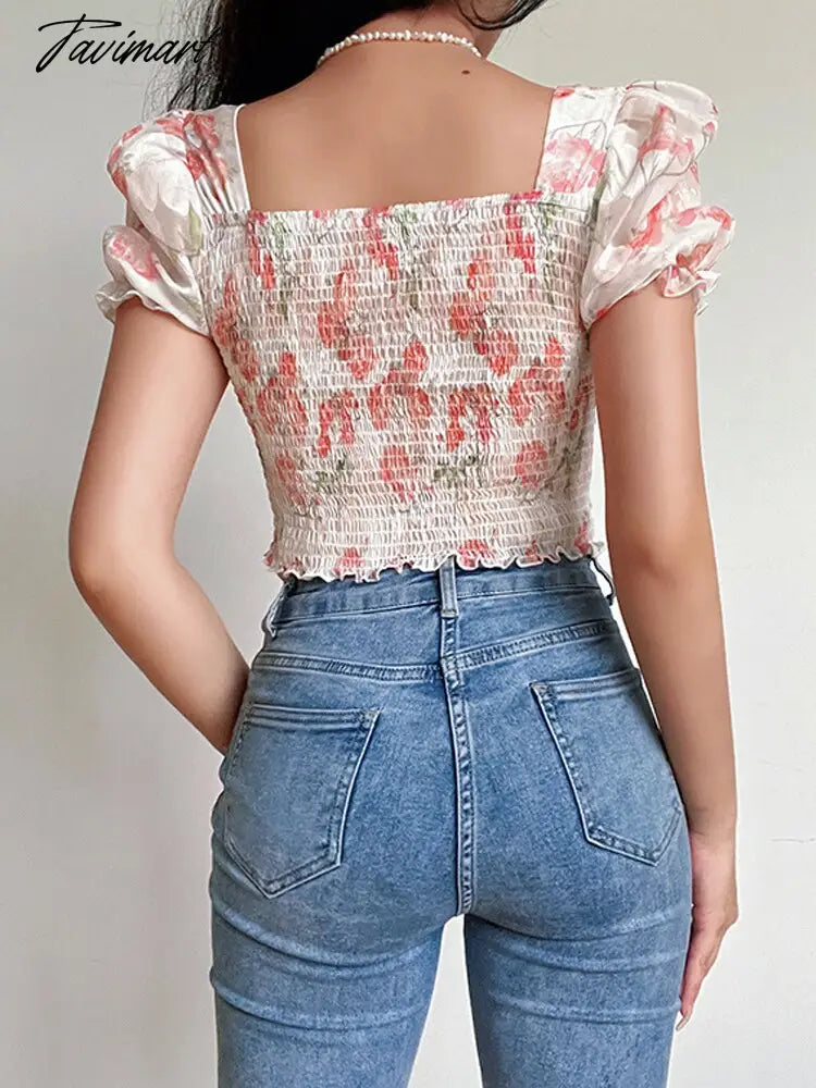 Summer Women's Chiffon Top Printed Square Neck French Bubble Short-sleeved Shirt Top T-Shirt Elegant Sexy Slim Top Women's
