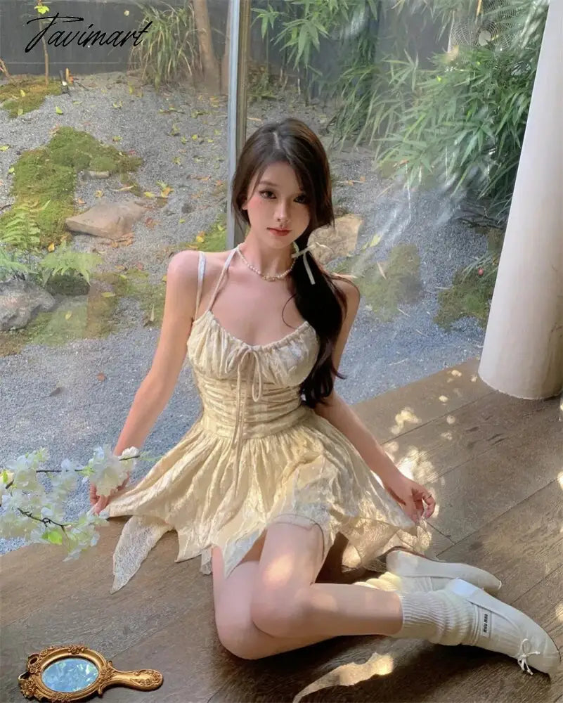 Summer Women Streetwear Y2K Mini Sundress Halter Apricot Velvet Ballet Short Sexy Dress Backless Lace Ruffles Cute Sweet Dress