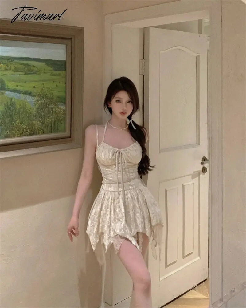 Summer Women Streetwear Y2K Mini Sundress Halter Apricot Velvet Ballet Short Sexy Dress Backless Lace Ruffles Cute Sweet Dress