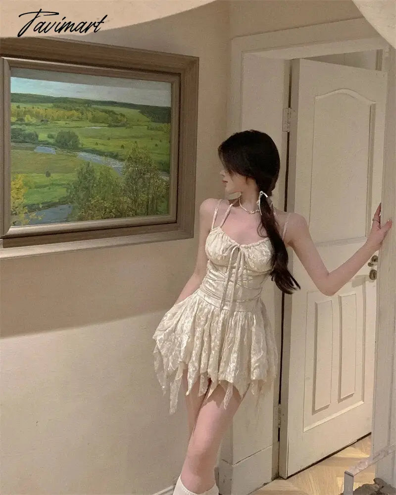 Summer Women Streetwear Y2K Mini Sundress Halter Apricot Velvet Ballet Short Sexy Dress Backless Lace Ruffles Cute Sweet Dress