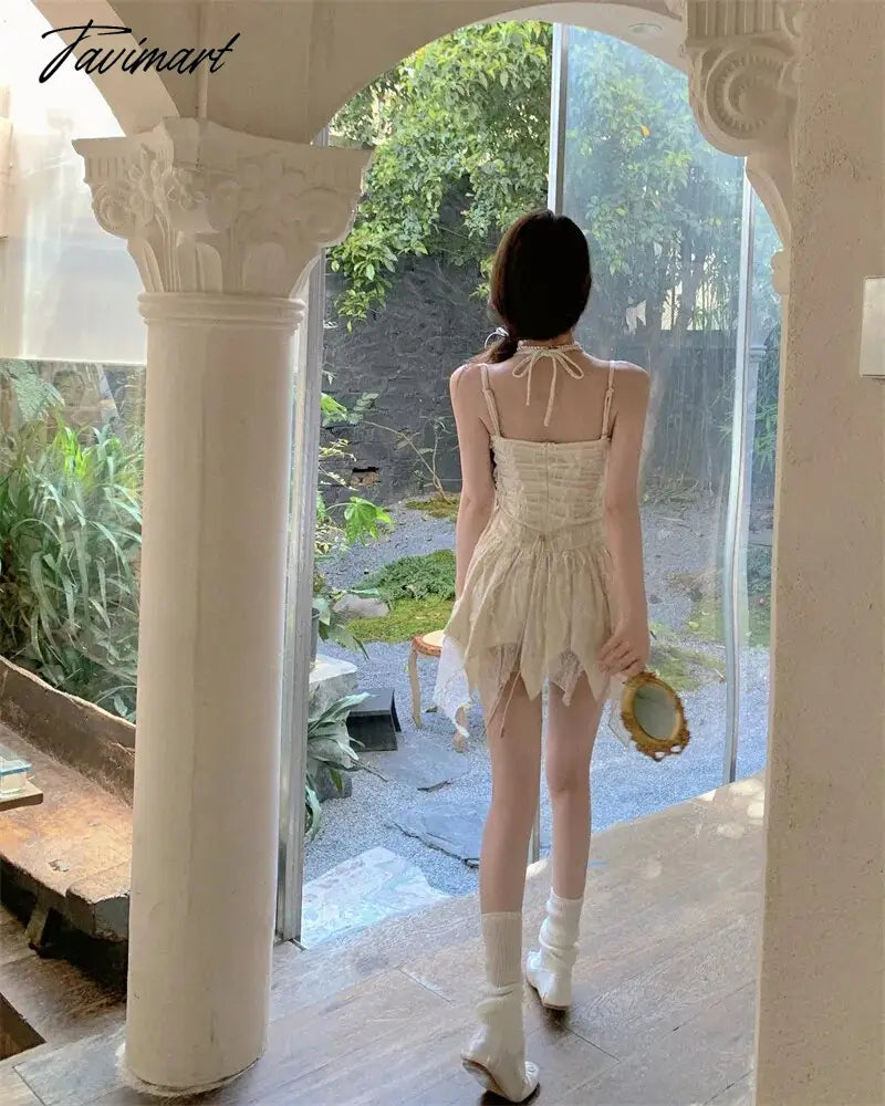 Summer Women Streetwear Y2K Mini Sundress Halter Apricot Velvet Ballet Short Sexy Dress Backless Lace Ruffles Cute Sweet Dress