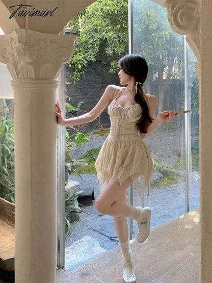 Summer Women Streetwear Y2K Mini Sundress Halter Apricot Velvet Ballet Short Sexy Dress Backless Lace Ruffles Cute Sweet Dress