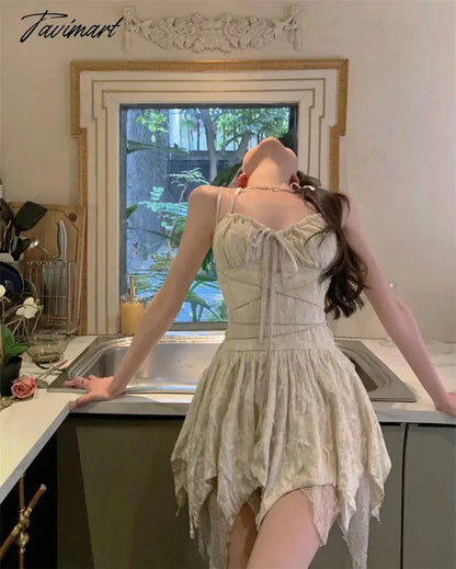 Summer Women Streetwear Y2K Mini Sundress Halter Apricot Velvet Ballet Short Sexy Dress Backless Lace Ruffles Cute Sweet Dress