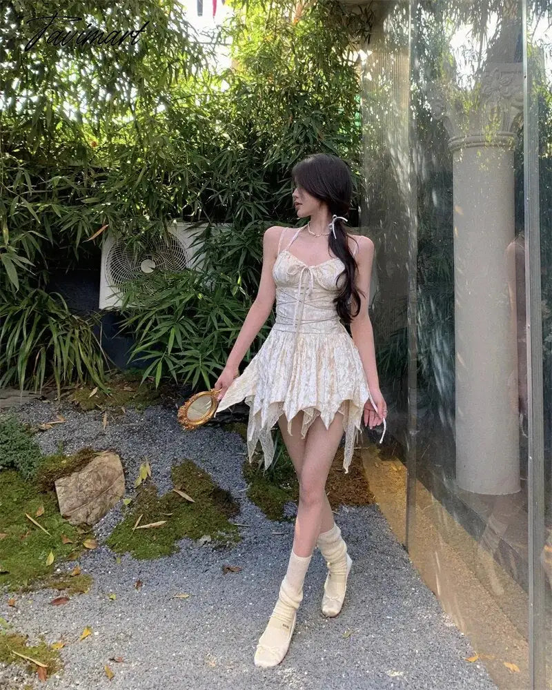 Summer Women Streetwear Y2K Mini Sundress Halter Apricot Velvet Ballet Short Sexy Dress Backless Lace Ruffles Cute Sweet Dress