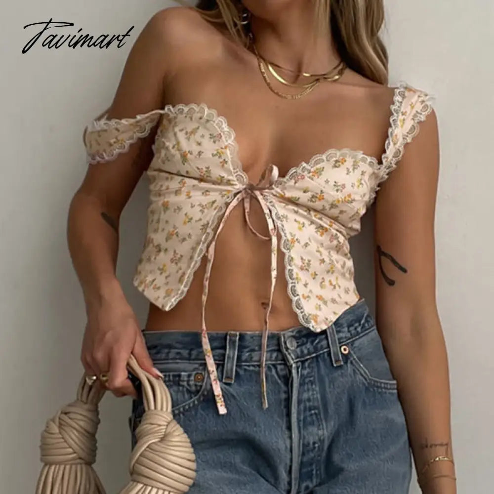 Summer Women Tank Tops Camisole Lace Up Sleeveless Flower Print Sexy Lace Short Crop Tops
