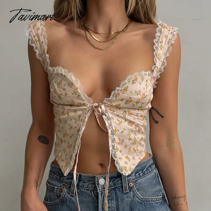 Summer Women Tank Tops Camisole Lace Up Sleeveless Flower Print Sexy Lace Short Crop Tops