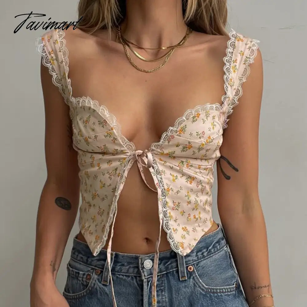 Summer Women Tank Tops Camisole Lace Up Sleeveless Flower Print Sexy Lace Short Crop Tops