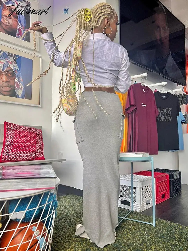 Summer Y2K Skirts Women Elastic High Waisted Bodycon Long Skirts Femme Body-shaping Shiny Streetwear Pockets Bottoms