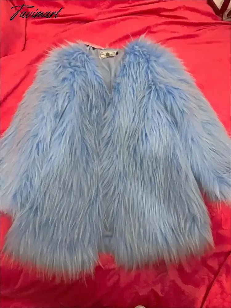 Super Hot Women's Winter Fluffy Jacket Coats Elegant Blue Faux Fur Coats Female Long Sleeve Thick Warm Outerwears Lady Oversize