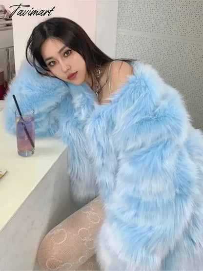 Super Hot Women's Winter Fluffy Jacket Coats Elegant Blue Faux Fur Coats Female Long Sleeve Thick Warm Outerwears Lady Oversize