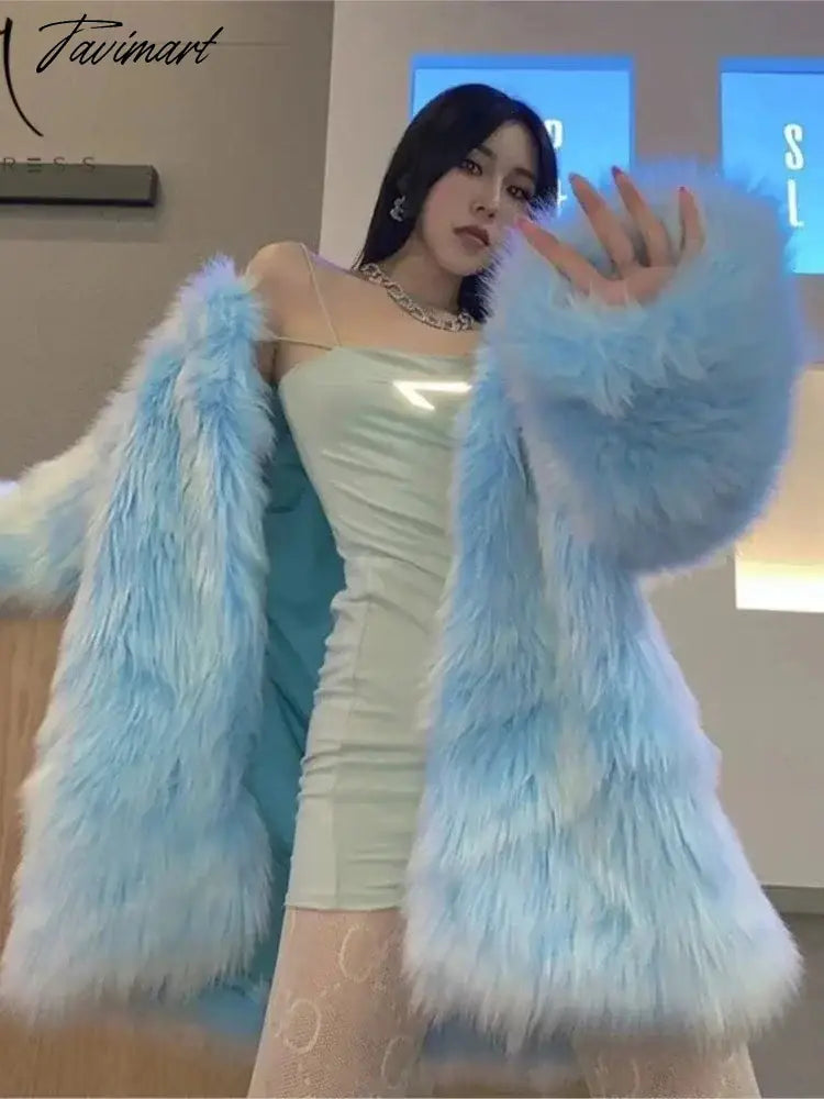 Super Hot Women's Winter Fluffy Jacket Coats Elegant Blue Faux Fur Coats Female Long Sleeve Thick Warm Outerwears Lady Oversize