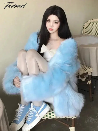 Super Hot Women's Winter Fluffy Jacket Coats Elegant Blue Faux Fur Coats Female Long Sleeve Thick Warm Outerwears Lady Oversize