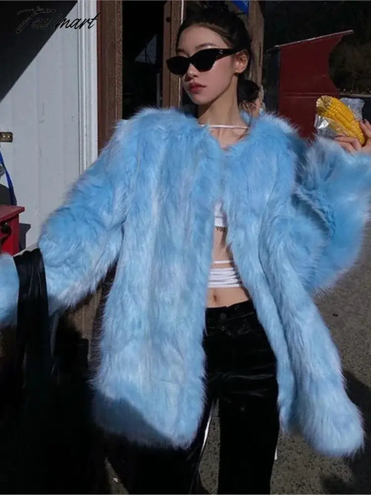 Super Hot Women's Winter Fluffy Jacket Coats Elegant Blue Faux Fur Coats Female Long Sleeve Thick Warm Outerwears Lady Oversize