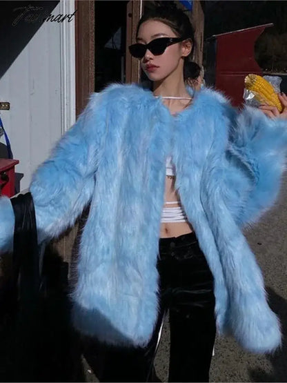 Super Hot Women's Winter Fluffy Jacket Coats Elegant Blue Faux Fur Coats Female Long Sleeve Thick Warm Outerwears Lady Oversize