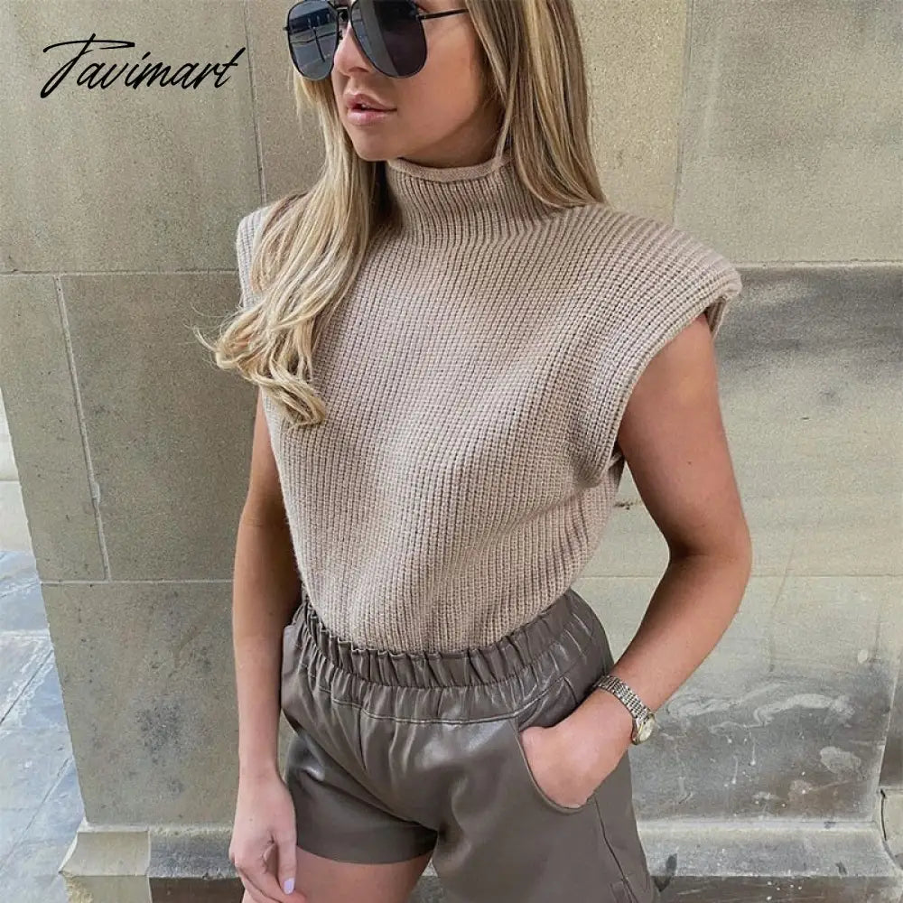 Sweater Vest Women Hight Neck Shoulder Pads Sweater Vest Dames Knitted Jumper Autumn Winter Korean Pullover Loose Tops